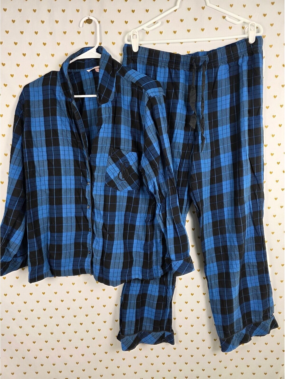 Victorias Secret Blue Plaid Sleep Set 2pc Shirt Pants Pajamas Large